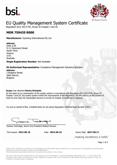Pierwsza strona certyfikatu EU Quality Management System BSI